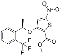 MC87335 2-Thiophenecarboxylic acid, 5-nitro-3-[(1R)-1-[2-(trifluoroMethyl)phenyl]ethoxy]-, Methyl ester 929039-94-1 2-Thiophenecarboxylic acid, 5-nitro-3-[(1R)-1-[2-(trifluoroMethyl)phenyl]ethoxy]-, Methyl ester