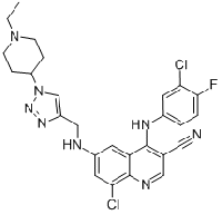 MC87236 8-Chloro-4-[(3-chloro-4-fluorophenyl)amino]-6-[[[1-(1-ethyl-4-piperidinyl)-1H-1,2,3-triazol-4-yl]methyl]amino]-3-Quinolinecarbonitrile 915363-56-3 8-氯-4-[(3-氯-4-氟苯基)氨基]-6-[[[1-(1-乙基-4-哌啶)-1H-1,2,3-三唑-4-基]甲基]氨基]-3-喹啉甲腈