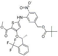 MC87338 (R)-Methyl 5-(2-nitro-5-(pivaloyloxyMethyl)phenylaMino)-3-(1-(2-(trifluoroMethyl)phenyl)ethoxy)thiophene-2-carboxylate 929095-36-3 (R)-Methyl 5-(2-nitro-5-(pivaloyloxyMethyl)phenylaMino)-3-(1-(2-(trifluoroMethyl)phenyl)ethoxy)thiophene-2-carboxyla