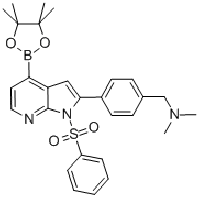 MC87442 BENZENEMETHANAMINE, N,N-DIMETHYL-4-[1-(PHENYLSULFONYL)-4-(4,4,5,5-TETRAMETHYL-1,3,2-DIOXABOROLAN-2-YL)-1H-PYRROLO[2,3-B]PYRIDIN-2-YL]- 942919-72-4 BENZENEMETHANAMINE, N,N-DIMETHYL-4-[1-(PHENYLSULFONYL)-4-(4,4,5,5-TETRAMETHYL-1,3,2-DIOXABOROLAN-2-Y