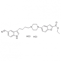 MC83765 ethyl 5-(4-(4-(5-cyano-1H-indol-3-yl)butyl)piperazin-1-yl)benzofuran-2-carboxylate (dihydrochloride) 163521-09-3 ethyl 5-(4-(4-(5-cyano-1H-indol-3-yl)butyl)piperazin-1-yl)benzofuran-2-carboxylate (dihydrochloride)