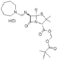 MC84939 4-Thia-1-azabicyclo[3.2.0]heptane-2-carboxylic acid, 6-[[(hexahydro-1H-azepin-1-yl)methylene]amino]-3,3-dimethyl-7-oxo-, (2,2-dimethyl-1-oxopropoxy)methyl ester, monohydrochloride, [2S-(2alpha,5alpha, 32887-03-9 盐酸匹美西林